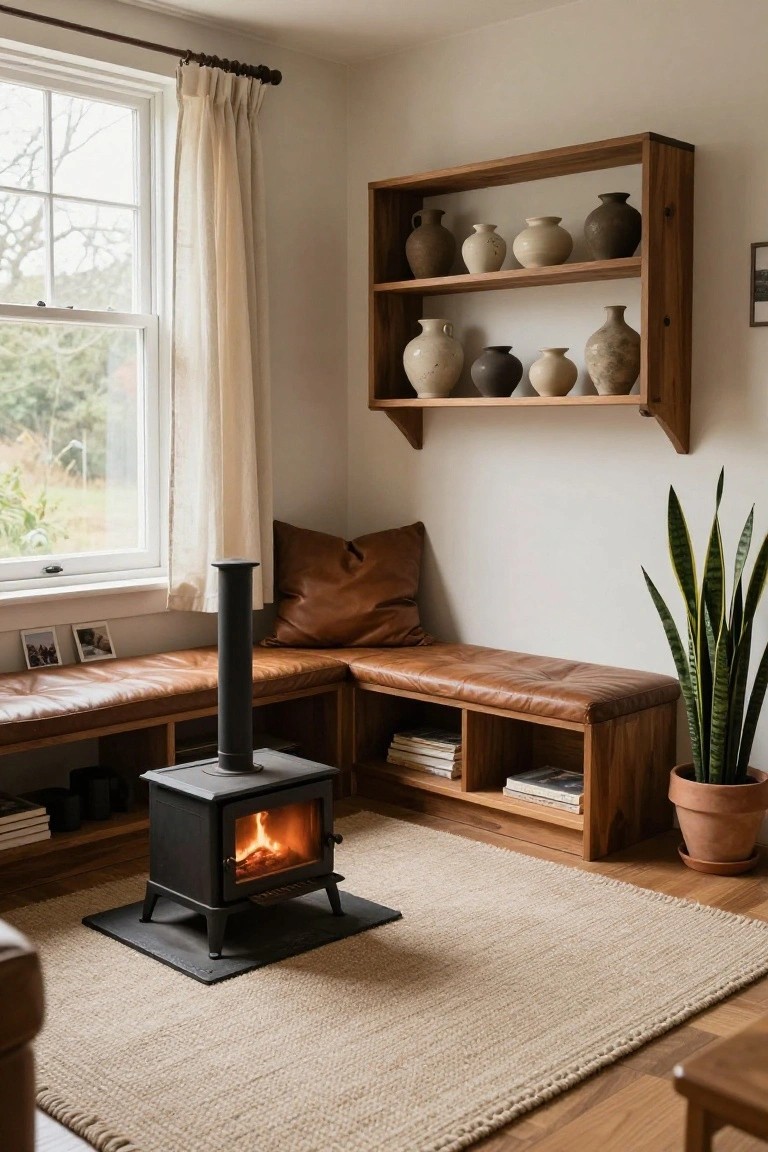 Cozy interior room with a black wood-burning stove centered on a beige rug, surrounded by L-shaped wooden benches with brown leather cushions and built-in shelves holding books, next to a window with sheer curtains, pottery on wall shelves, and a tall snake plant in a terracotta pot.
