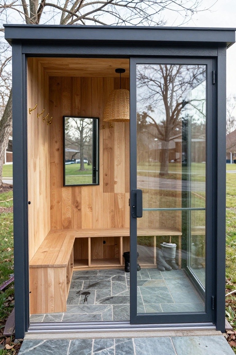 Small rectangular outdoor structure with dark gray metal frame and sliding glass doors, revealing light wood cedar benches, shelves, mirror, hanging light, and hooks inside, positioned on a slate tile patio in a grassy yard with bare trees and a house in the background.