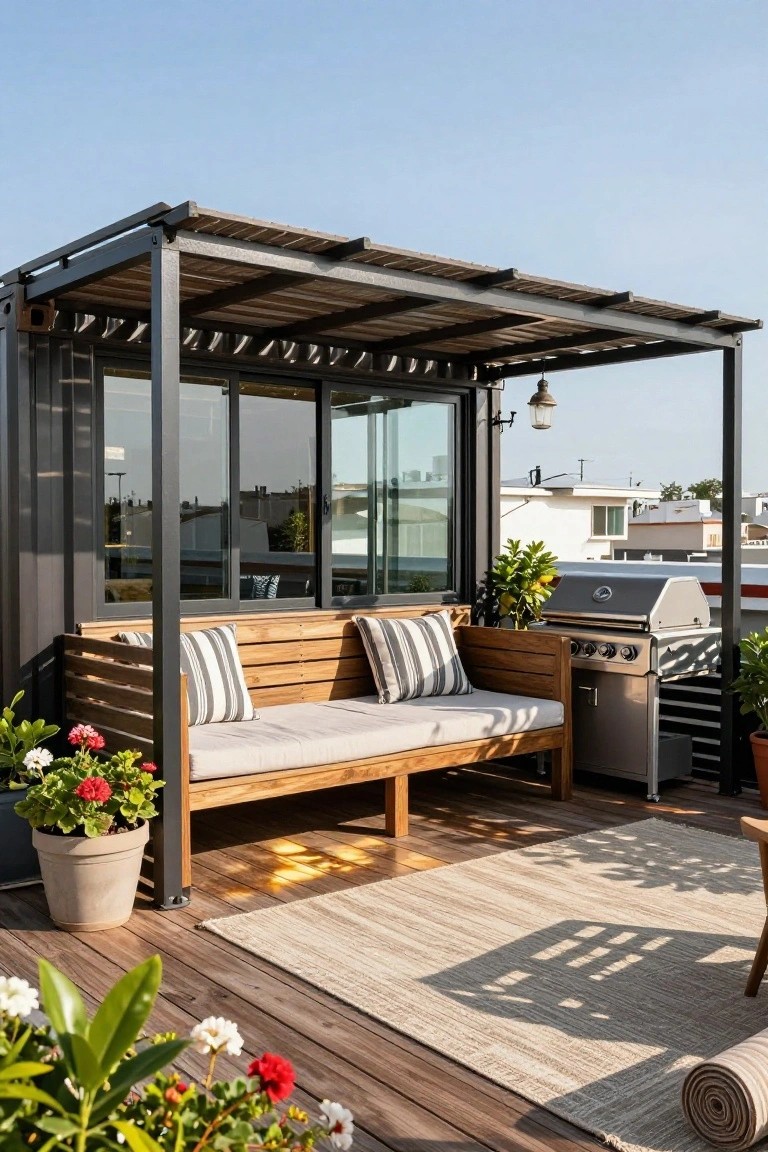 Rooftop deck on a container structure with a wooden bench under a slatted gray metal pergola, next to a stainless steel grill and potted plants on a wooden floor.