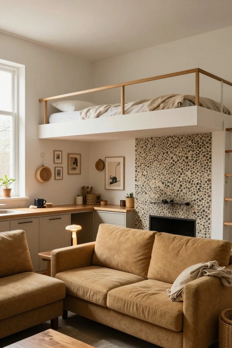 Compact interior with elevated white loft bed featuring wooden railing, mustard sofa, wooden kitchen counters, and pebble-tiled fireplace wall.