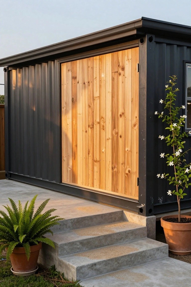 Black shipping container home exterior with a large vertical wooden sliding door, concrete steps leading to the entrance, potted ferns and a small potted tree on a paved patio area surrounded by grass.
