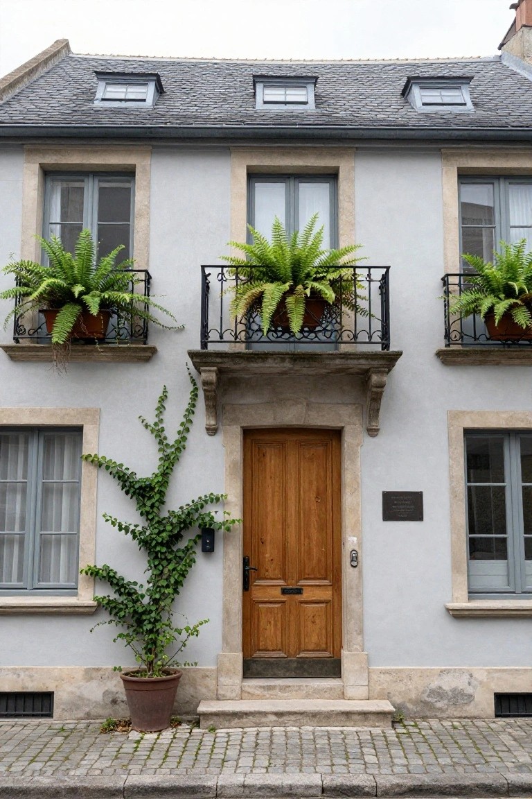 Light gray stone French city house exterior with slate roof, dormer windows, wrought-iron balconies holding large potted ferns, wooden front door with climbing vine and ground-level potted plant on cobblestone sidewalk.