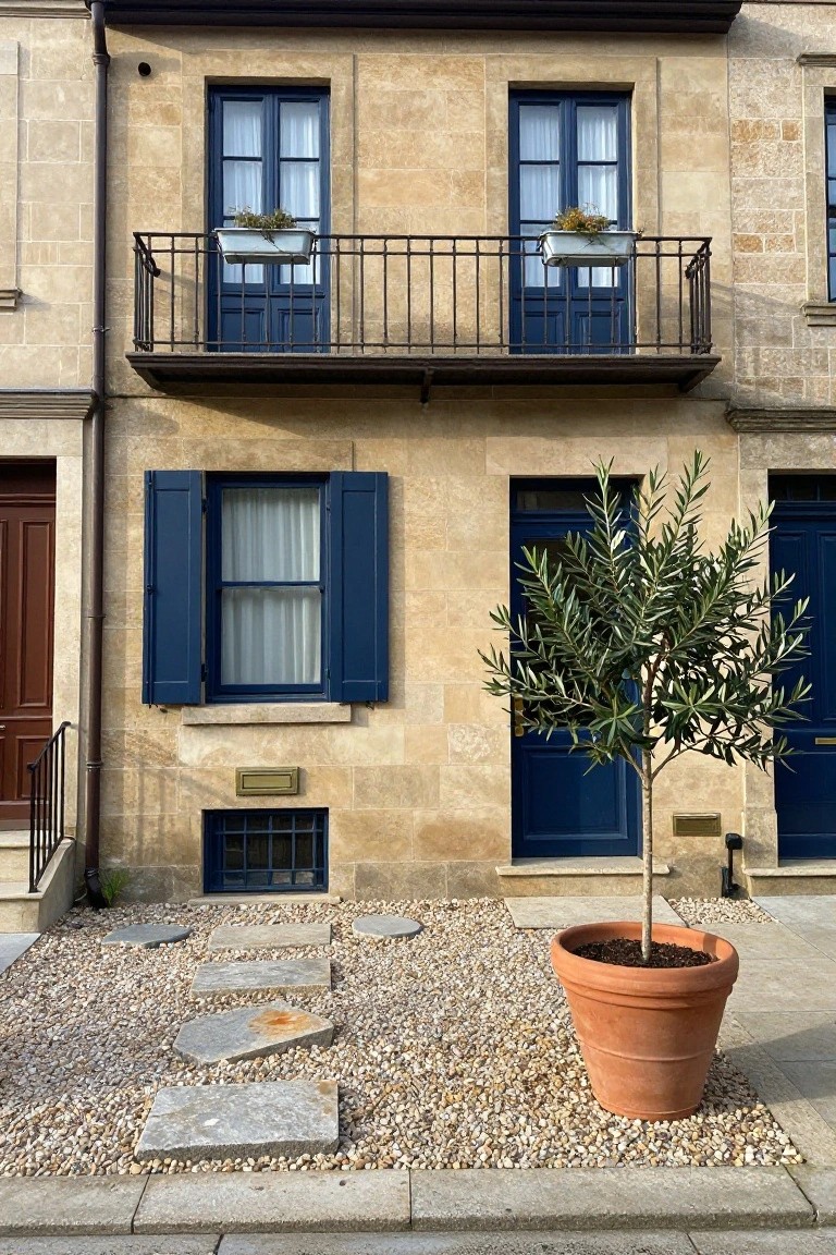 Sandstone row house exterior with navy blue front door, windows, shutters, and upper balcony, gravel yard with stepping stones, and potted olive tree in front.