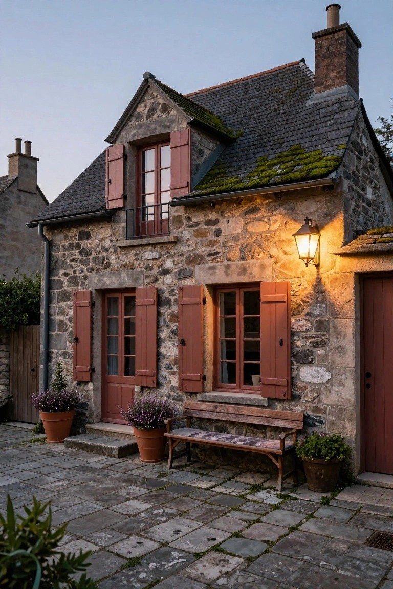 Stone house exterior with dark slate roof, red wooden shutters on windows and red front door, lit lantern, potted plants, wooden bench, and stone pavers in front yard at dusk.