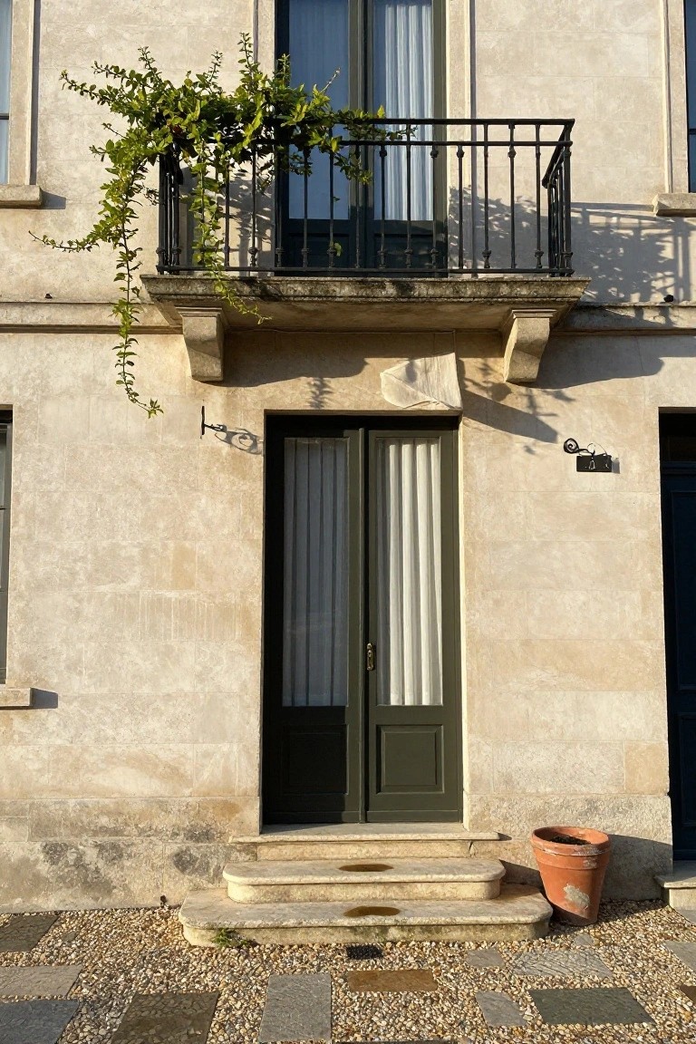 Light beige stone house exterior with second-floor wrought-iron balcony draped in green trailing vines, ground-floor double dark green doors with sheer curtains visible inside, flanked by a few stone steps leading to pebble and slab ground with a terracotta pot nearby.