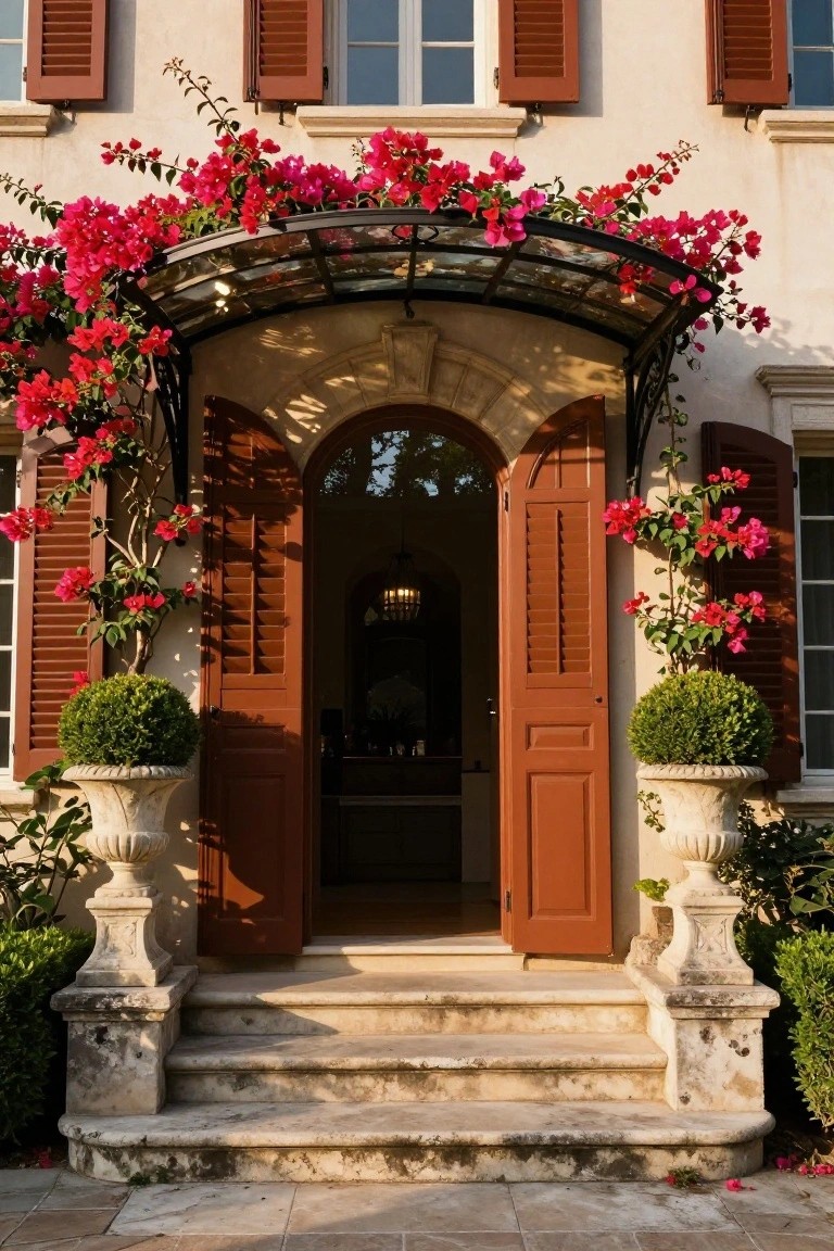 Stone house facade with open arched wooden double doors under a curved metal awning covered in red bougainvillea vines, flanked by red shutters, boxwood topiaries in urns, and steps leading to a tiled pathway.