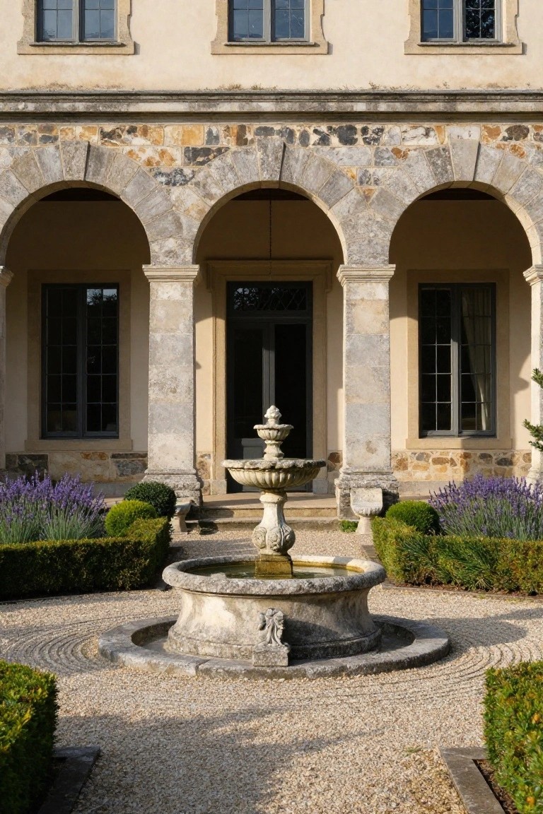 Beige stone house facade with three arched openings flanked by columns, central dark entrance door, tiered stone fountain in circular gravel courtyard, boxwood hedges, and lavender plantings.