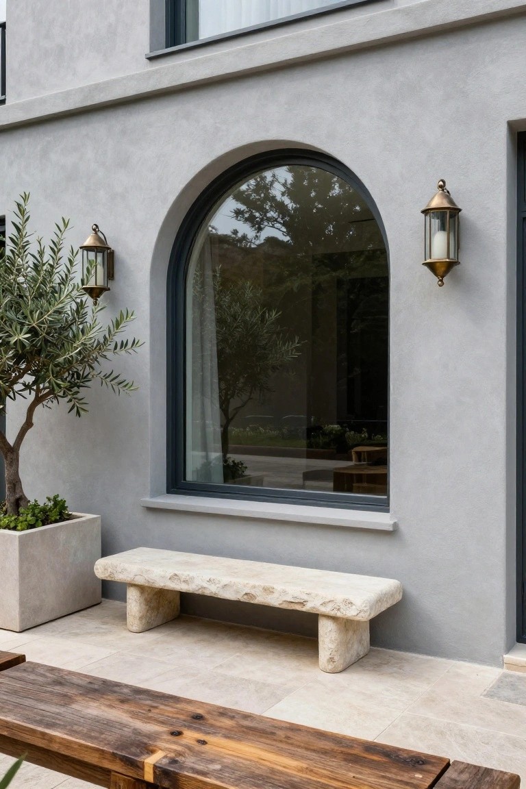 Gray stucco house exterior wall with large arched black-framed window flanked by two brass lanterns, potted olive tree, stone bench, and wooden table on tiled patio floor.