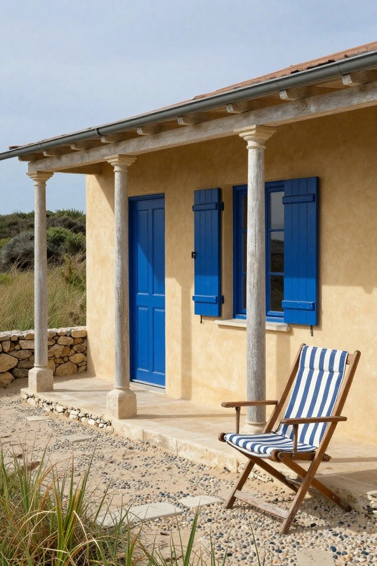 Rustic house with blue door, shutters, porch columns, and striped deck chair.