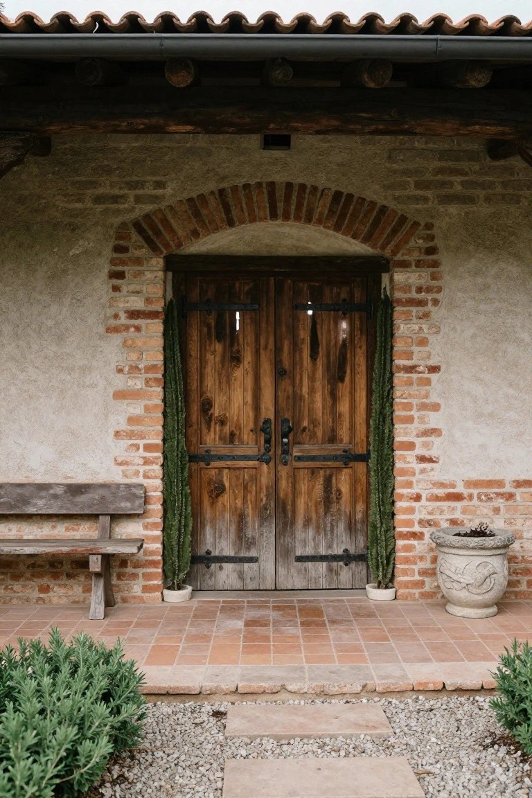 Rustic double wooden doors with iron strap hinges under a brick archway in a beige stucco wall, flanked by tall green cacti plants, a wooden bench, and potted greenery on a tiled porch.