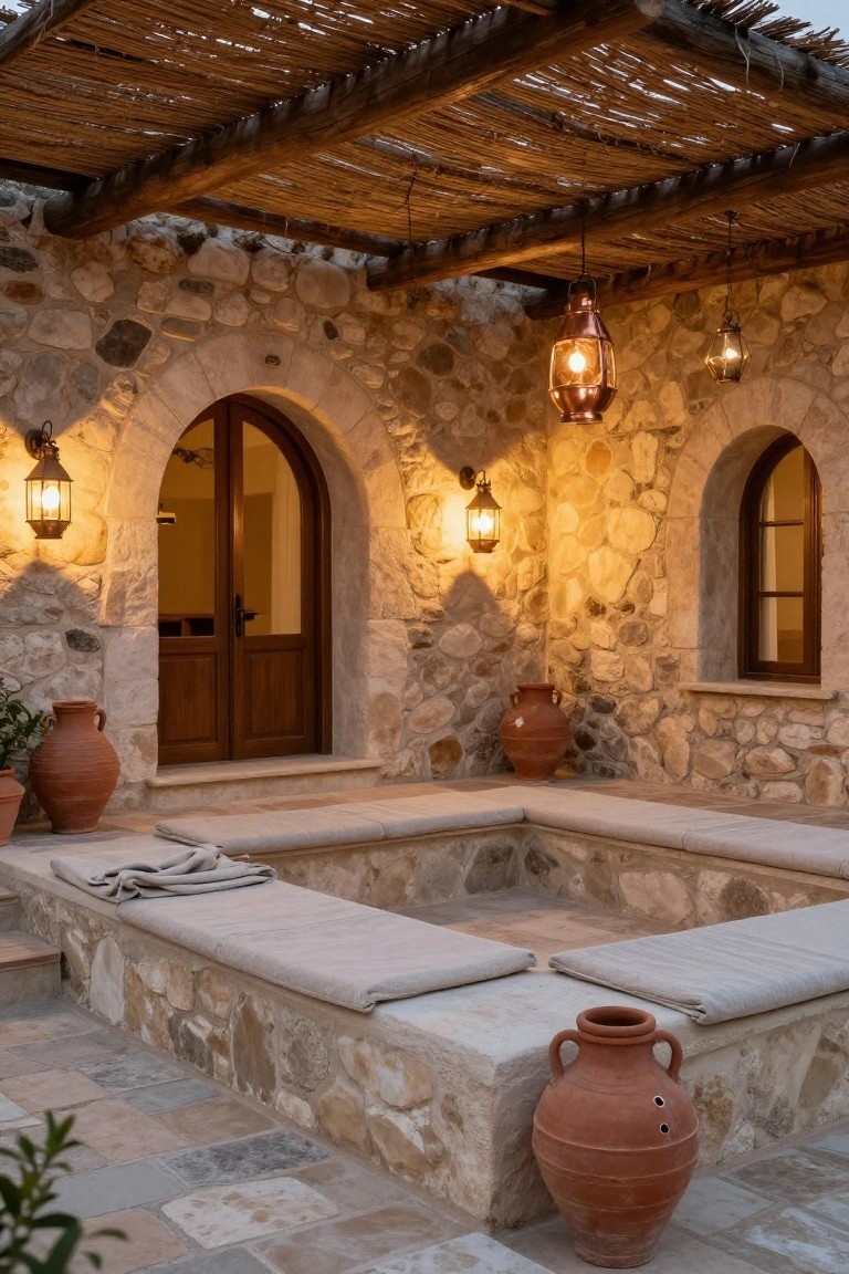 Stone terrace with built-in benches around a sunken square area topped with beige cushions, large terracotta pots placed nearby, arched wooden entry door in textured stone wall, hanging brass lanterns, and thatched roof overhead.