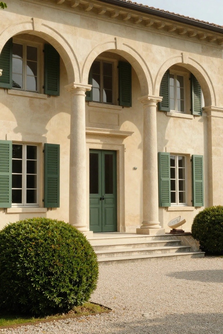 Beige stucco house facade with three arched windows topped by green shutters, flanked by white columns around a central green double door entry, boxwood shrubs on either side, and gravel driveway.