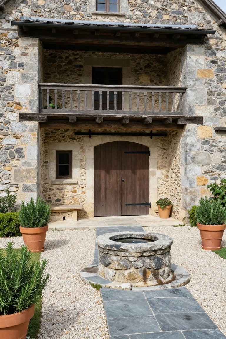 Stone house exterior featuring an arched double wooden door flanked by stone walls, a wooden balcony above, and a stone well in a gravel courtyard with potted rosemary plants.