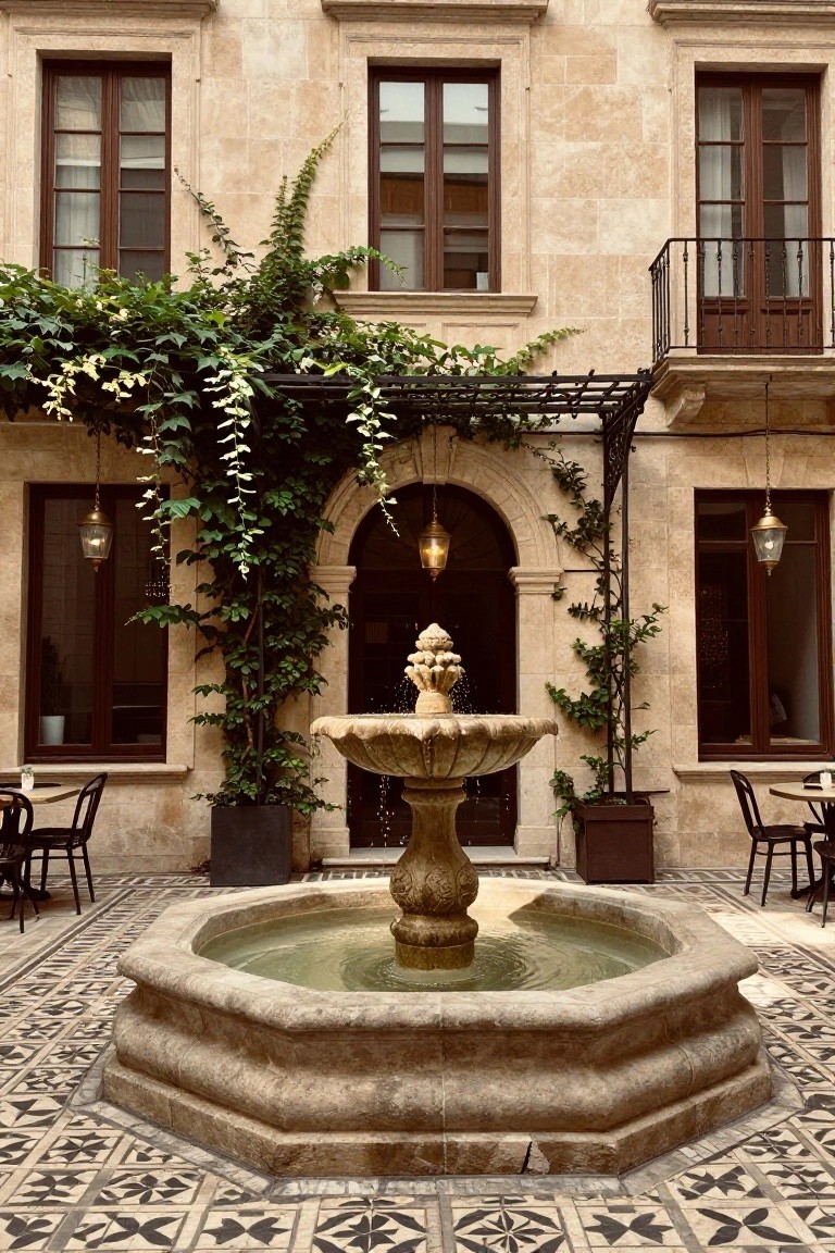 Stone courtyard with central octagonal fountain on black and white patterned tile floor, surrounded by beige stone walls, arched doorways with climbing green vines on metal trellises, hanging lanterns, potted plants, and scattered cafe tables with chairs.