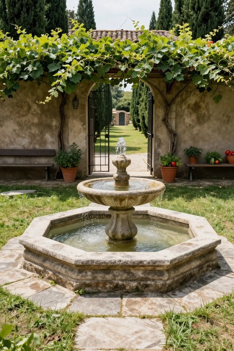 Octagonal stone fountain centered in a paved courtyard with wooden benches, potted plants including tomatoes and herbs, and a vine-covered arched iron gate opening to a lawn and cypress trees.