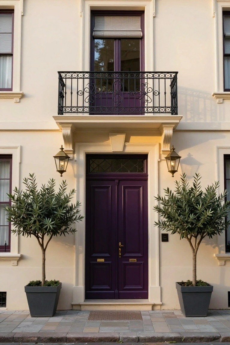 Two-story beige stucco townhouse exterior featuring a deep purple double front door flanked by potted olive trees in gray containers, brass wall lanterns, and a black wrought-iron balcony above.