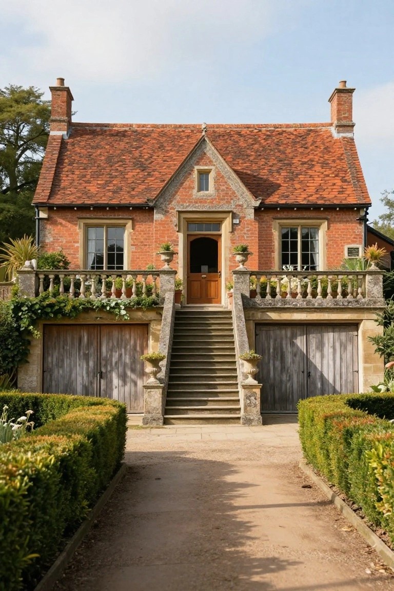 A two-story red brick house with gabled red tile roof, stone balcony over the entrance, wide stone steps leading to a wooden door, lower garage doors, and boxwood hedges lining a gravel path.