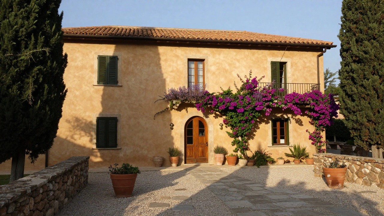 Beige stucco house with terracotta tile roof flanked by two tall cypress trees, wooden arched double door entry, balcony draped in purple bougainvillea flowers, potted plants, and gravel courtyard with stone path.