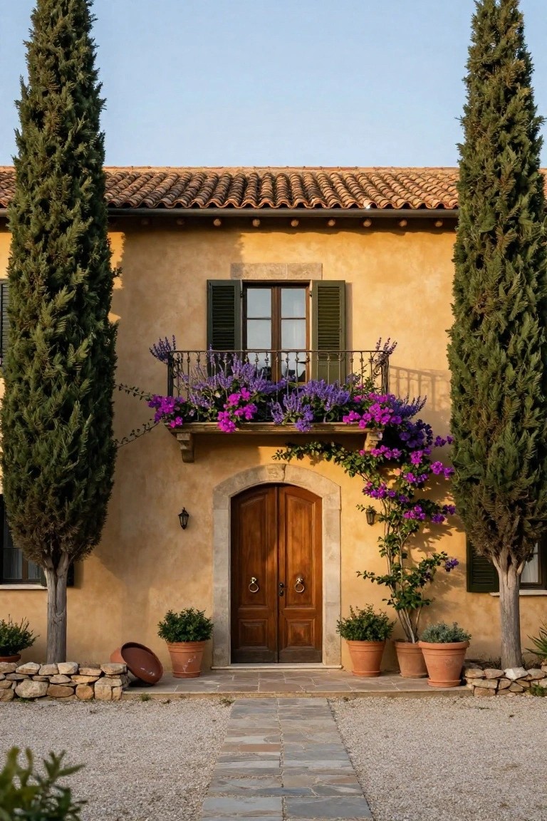 Beige stucco house with terracotta tile roof flanked by two tall cypress trees, wooden arched double door entry, balcony draped in purple bougainvillea flowers, potted plants, and gravel courtyard with stone path.