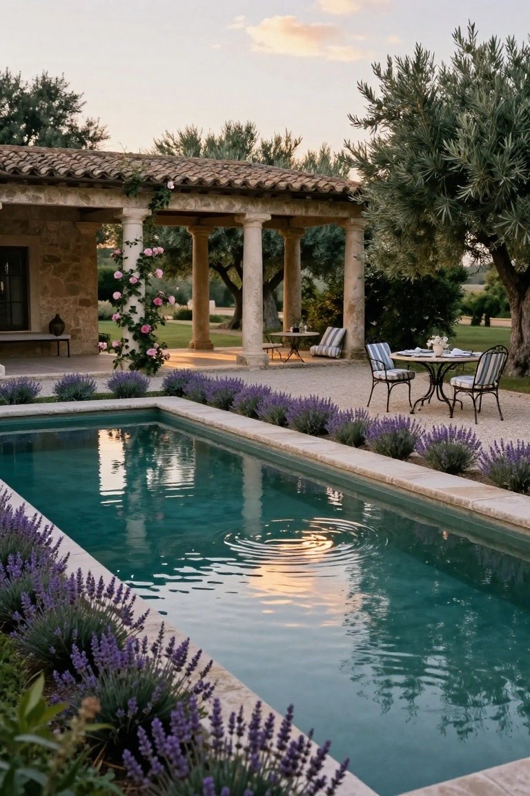 Rectangular turquoise pool edged with dense lavender plantings along stone coping, adjacent gravel terrace with small round table two striped chairs under stone pergola supported by columns, olive trees and rose-covered archway in background at sunset