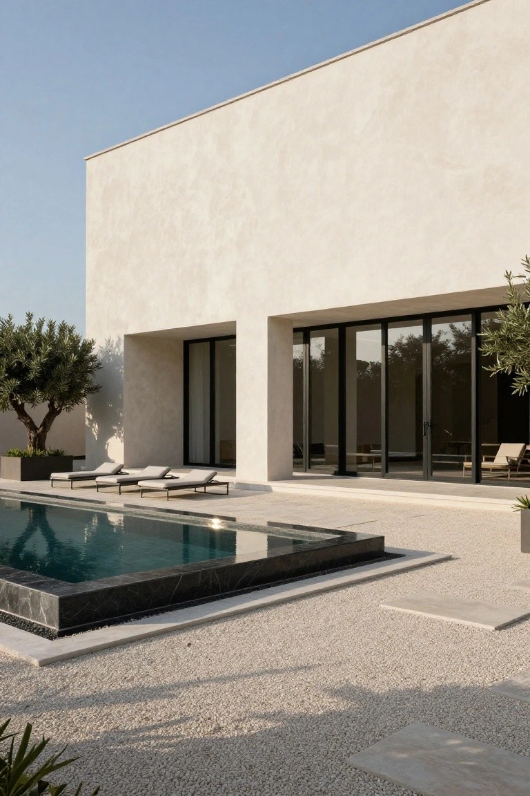 Beige stucco house exterior with tall blank walls, recessed black-framed glass doors opening to a terrace with lounge chairs beside a dark-edged infinity pool, gravel ground, olive trees, and plants under blue sky.