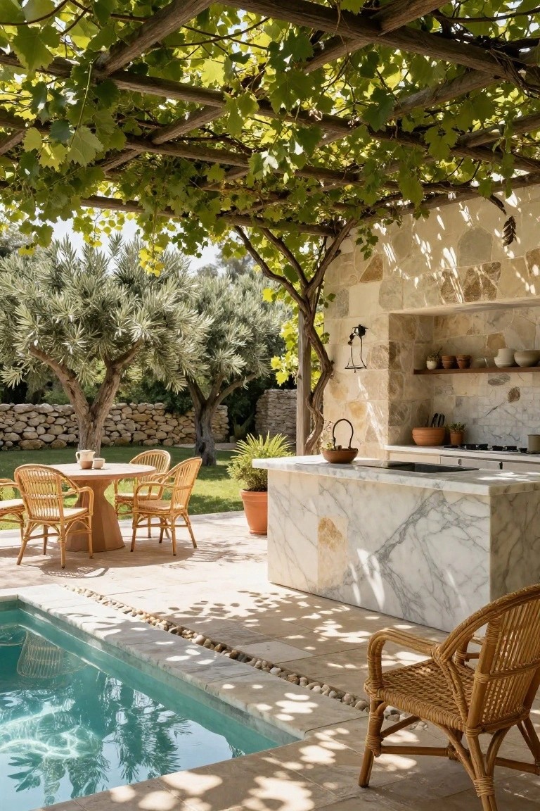 Outdoor patio featuring a vine-covered wooden pergola over a stone kitchen with marble countertop, rattan dining table and chairs, small pool, and olive trees beyond a stone wall.