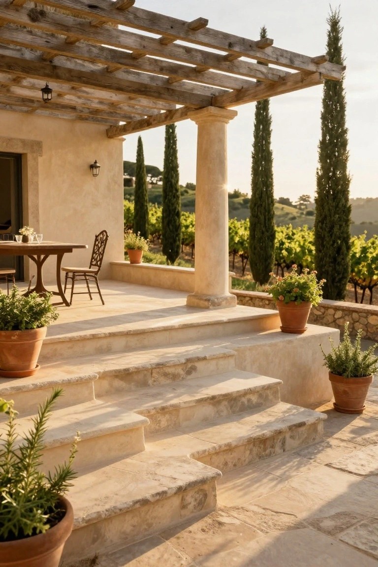Stone terrace under wooden pergola with outdoor dining table, single chair, terracotta pots with plants along steps, stucco house wall, columns, and distant vineyard with cypress trees at sunset.