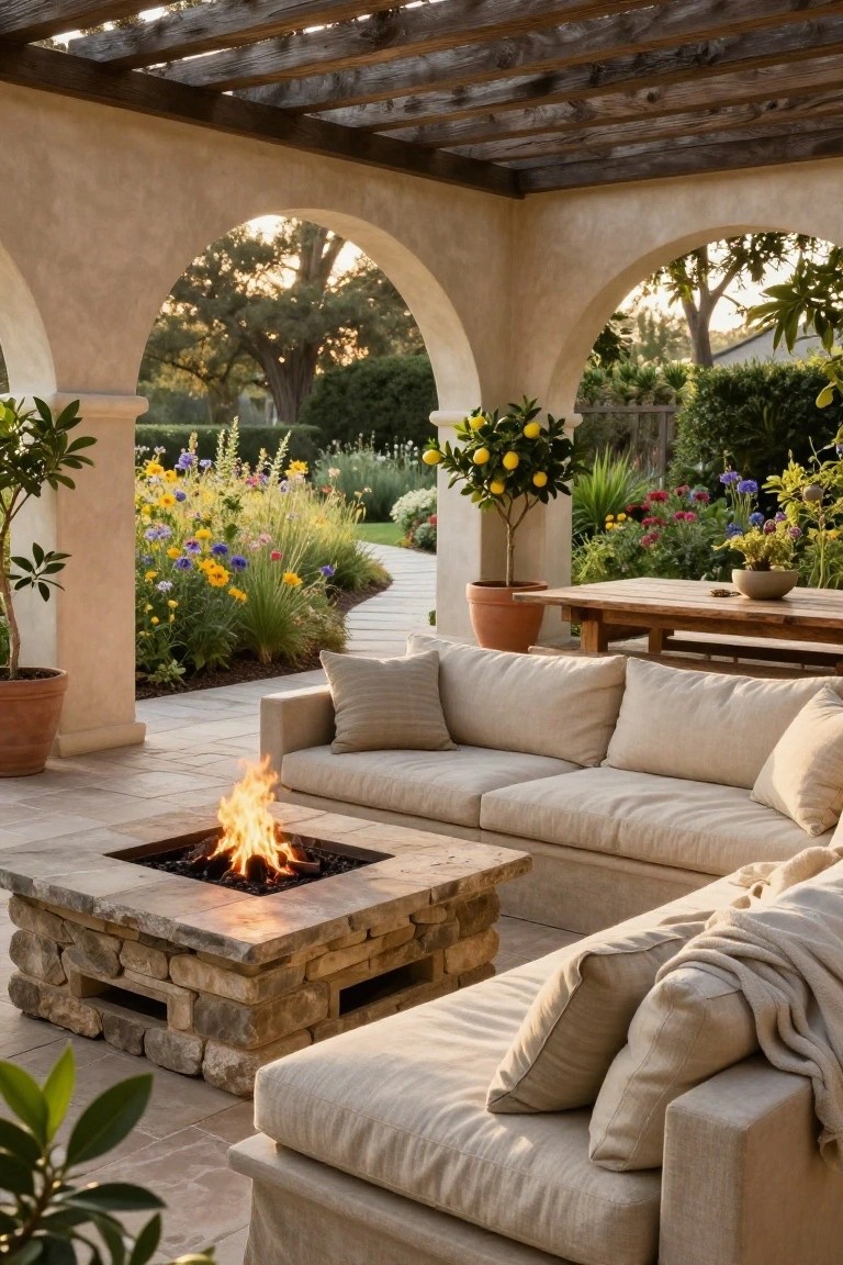 Covered outdoor patio with beige L-shaped sofa surrounding a rectangular stone fire pit table with flames, wooden dining table nearby, potted plants, and garden view through stucco arches.
