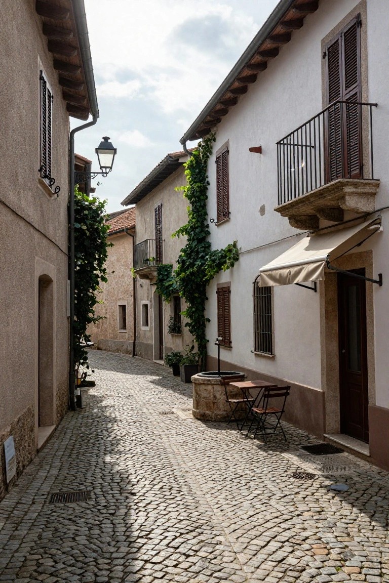 Narrow cobblestone alley between beige stone houses with ivy on walls, wooden shutters, wrought-iron balconies, a street lamp, stone well, and two outdoor chairs.