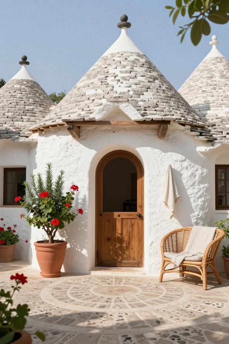 Whitewashed stone trullo house with multiple conical roofs topped by stone finials, arched wooden entry door flanked by potted geraniums, rattan chair with throw on a circular stone patio.
