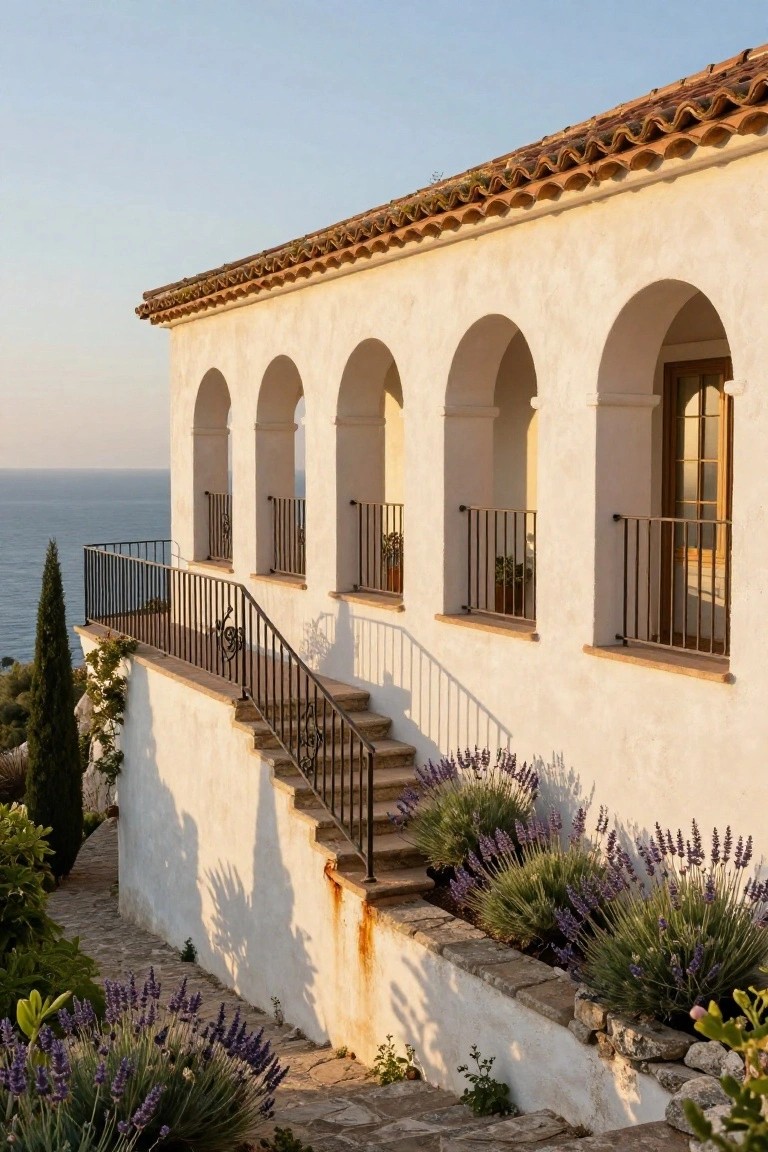 White stucco house exterior with terracotta tile roof, three arched balcony openings with black metal railings, descending iron stairs, lavender shrubs along the base wall, cypress trees, and ocean view at dusk.