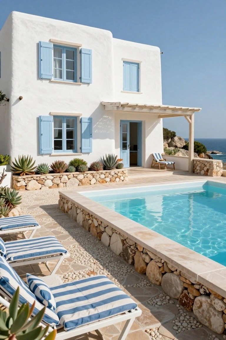 White stucco house with blue shutters and doors on upper and lower levels, turquoise pool with stone edging, lounge chairs, succulents in rock wall beds, wooden pergola, and ocean view on rocky cliffside.