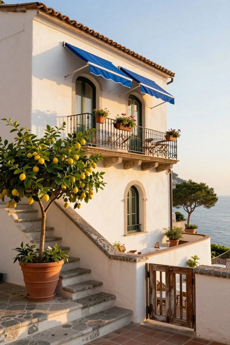 White stucco Mediterranean-style house with blue fabric awnings over balcony and windows, potted lemon tree in terracotta pot next to stone entry stairs, wrought-iron railing, and sea view.