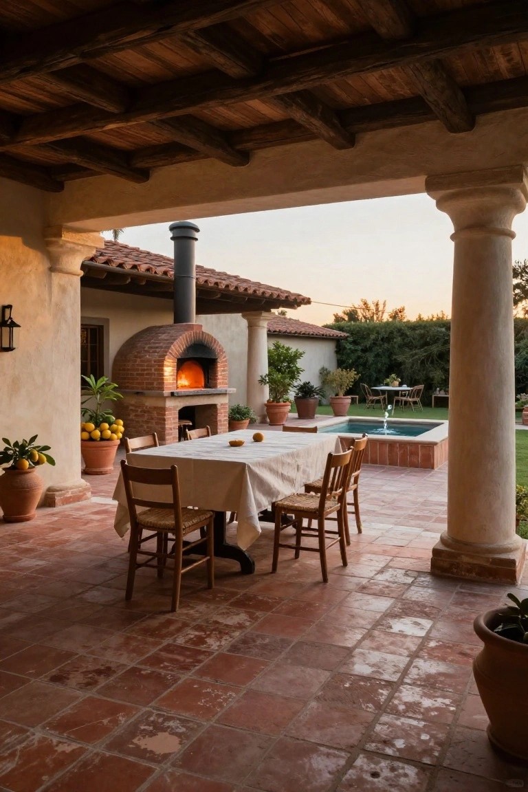 Covered outdoor patio with terracotta tile floor, brick wood-fired oven with glowing interior, wooden dining table and chairs covered in white cloth, potted plants, stucco columns, and small pool with fountain in background.