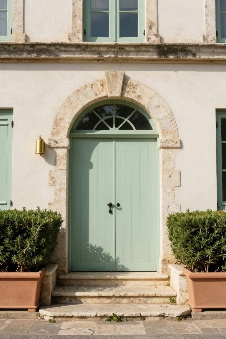Mint green arched double doors with stone surround and potted shrubs.