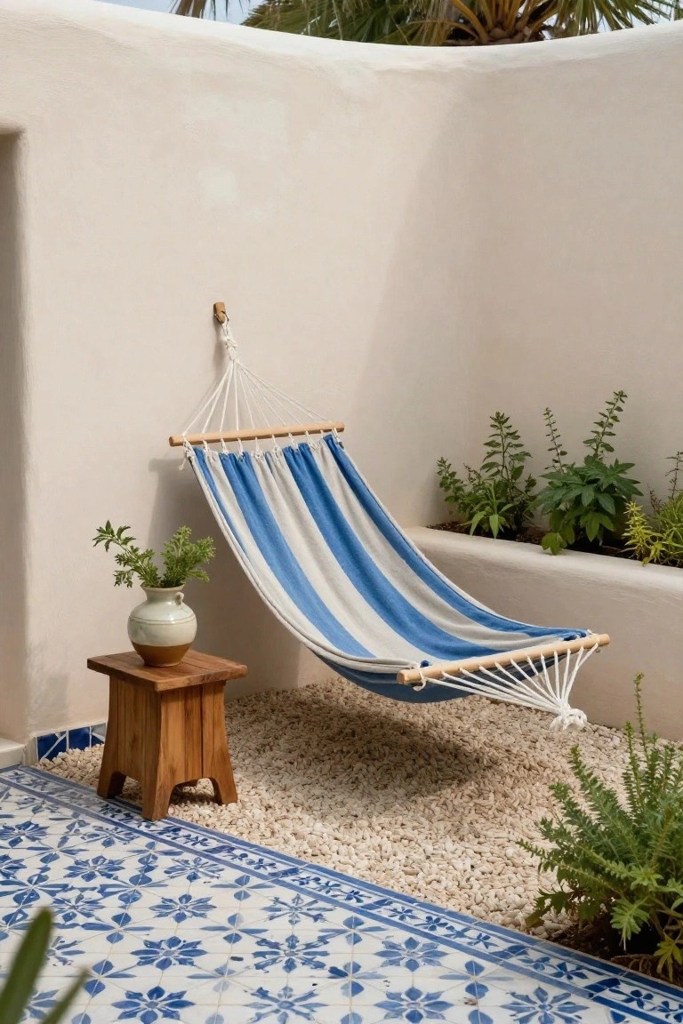 Blue and white striped hammock hanging from a white stucco wall in a pebble-floored outdoor patio with plants, a wooden stool holding a vase, and blue tiled edging.