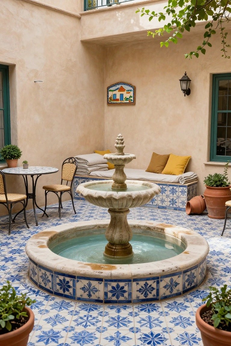 A Mediterranean courtyard with central stone fountain surrounded by blue and white star-patterned tiles on floor and basin edge, beige stucco walls, wicker table and chairs with cushions, potted plants, and hanging greenery.