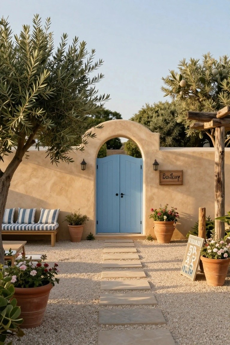 Beige stucco wall with arched doorway featuring turquoise blue double doors, olive trees on either side, potted plants, striped bench, and gravel path leading to the entrance.