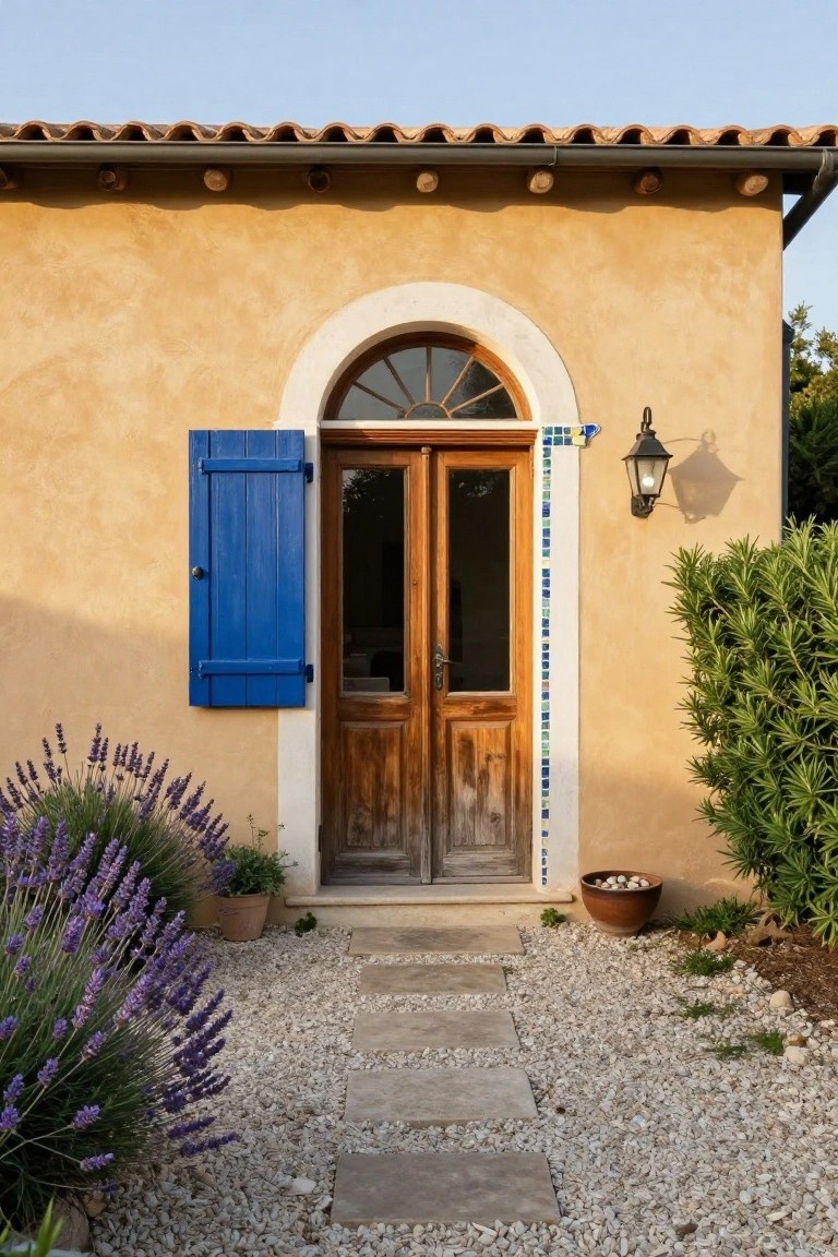 Ochre stucco house exterior with blue louvered shutters beside a weathered wooden double door under an arched fanlight, blue mosaic tile border, wall lantern, lavender plants, potted greenery, and gravel path with stone steps.