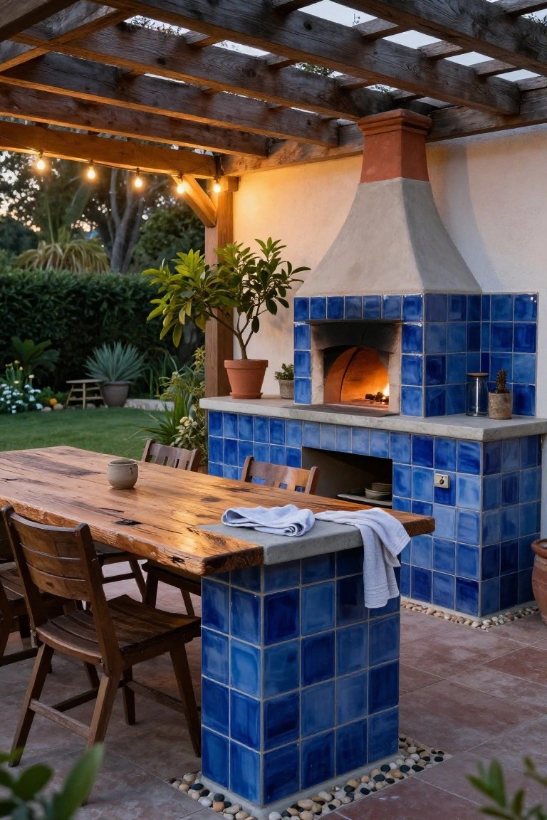 Outdoor patio under a wooden pergola with string lights, featuring a blue-tiled wood-fired oven on a stucco base, a wooden dining table with chairs, potted plants, and a grassy yard in the background.