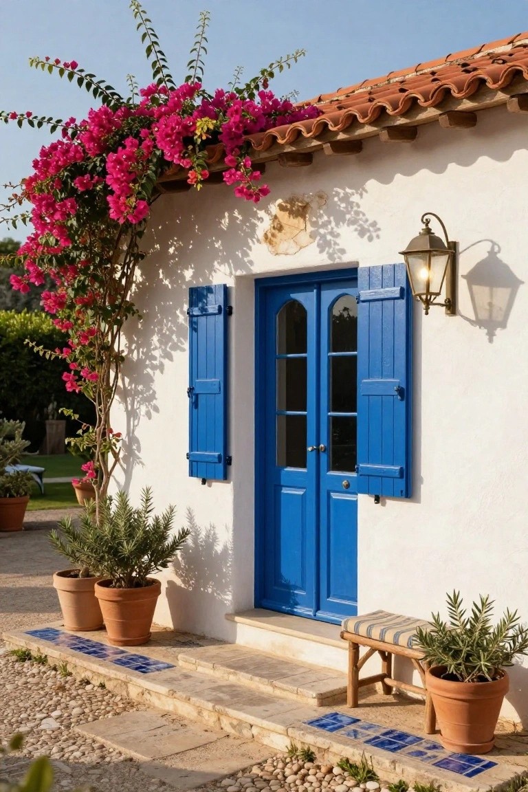 White stucco house with terracotta tile roof, double blue doors with arched glass panels and matching blue shutters, pink bougainvillea climbing one side, potted plants, wooden bench with cushions, wall lantern, and blue tiles on steps beside a gravel path.