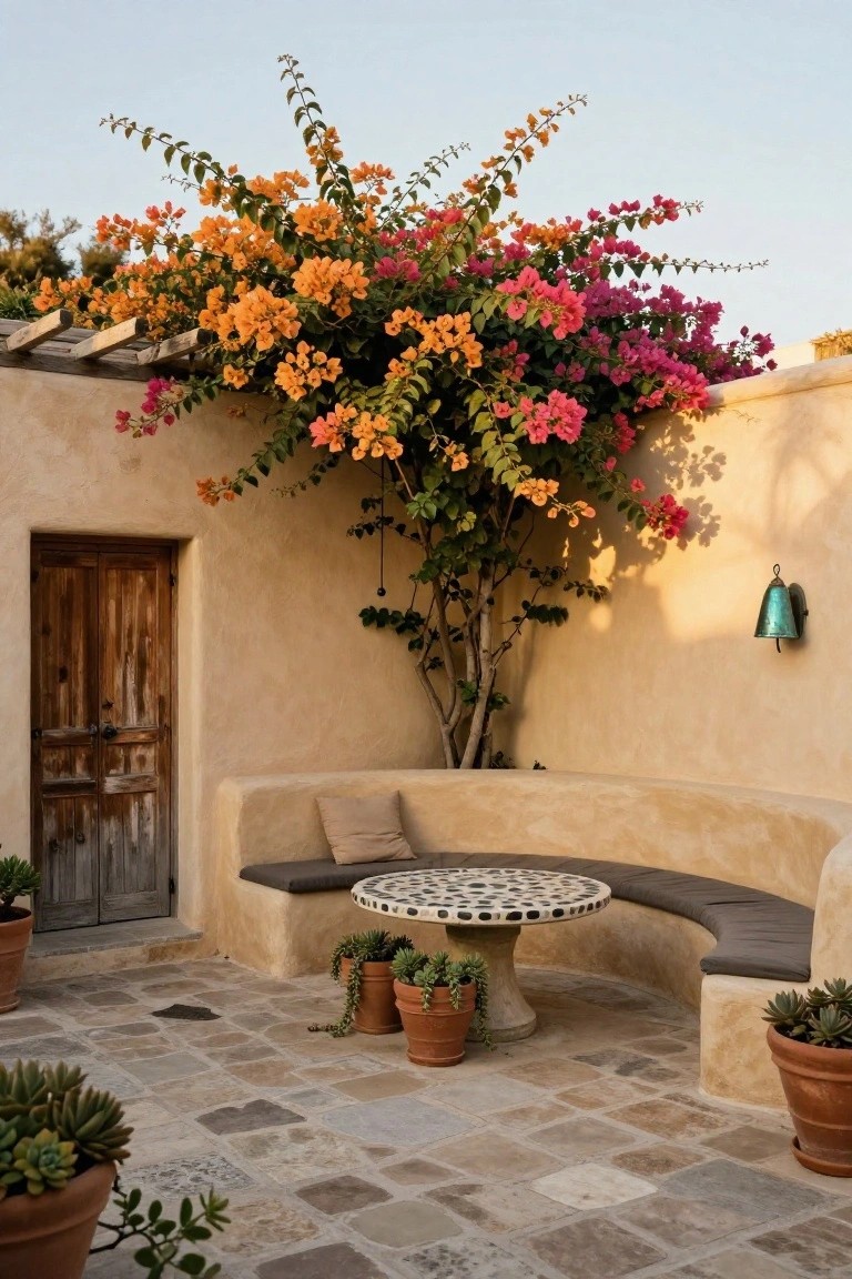 Curved beige adobe bench with cushions around a small mosaic table on a stone patio, vibrant orange and pink bougainvillea vines climbing over walls and pergola, wooden door, terracotta pots with plants, and a green lantern light.