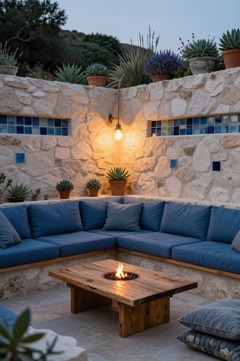 Outdoor stone patio with L-shaped navy blue sofa cushions around a rectangular wooden fire pit table, agave plants in terracotta pots on walls, blue tile accents, and a wall lantern.