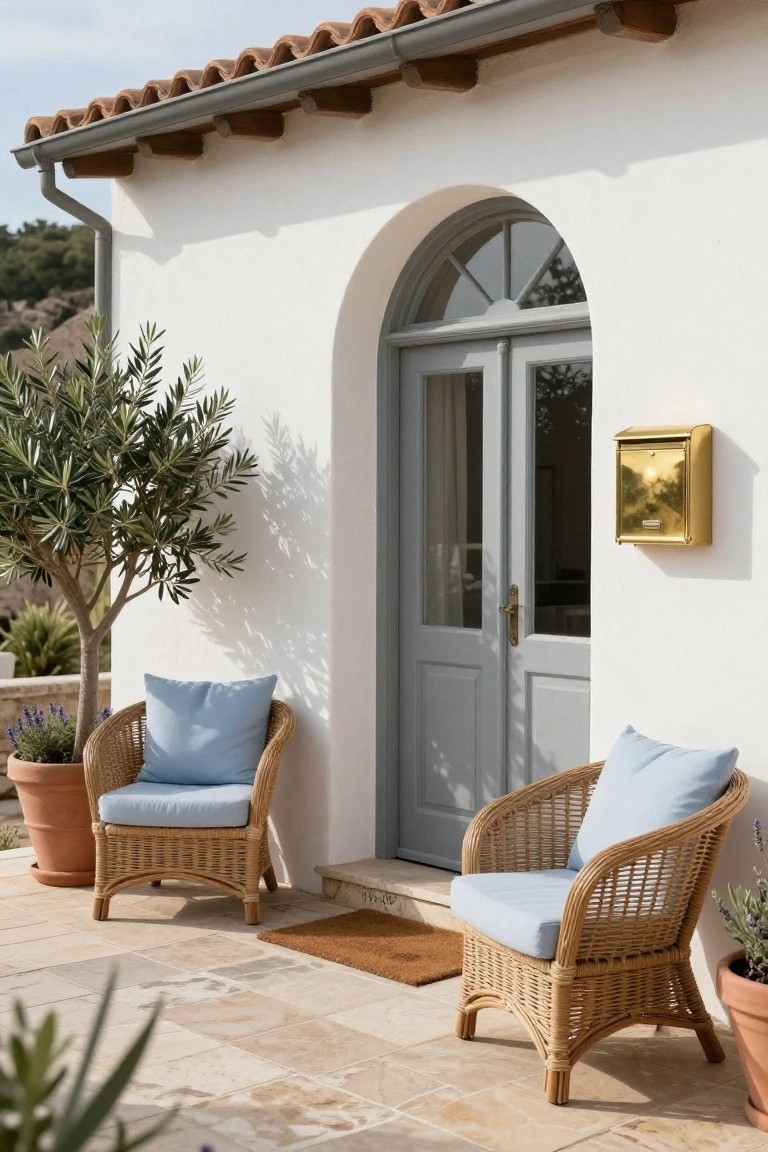 White stucco house exterior featuring an arched light gray double door entry, gold mailbox, two potted olive trees, and rattan armchairs with light blue cushions on a stone tile patio.