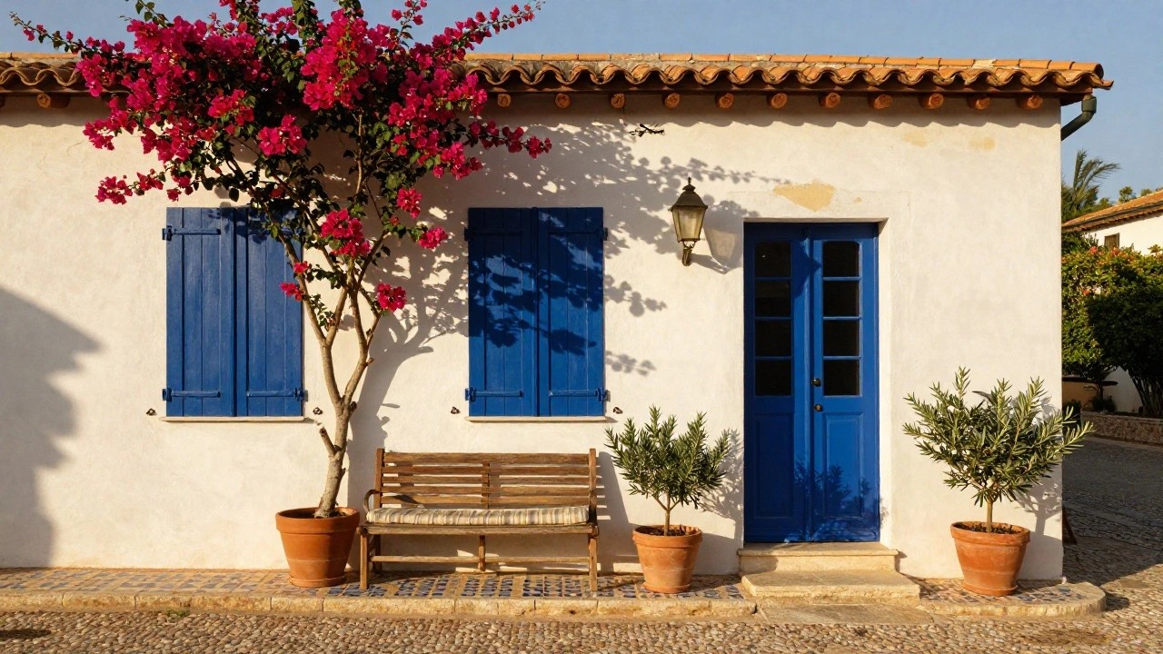 White stucco house with terracotta tile roof, double blue doors with arched glass panels and matching blue shutters, pink bougainvillea climbing one side, potted plants, wooden bench with cushions, wall lantern, and blue tiles on steps beside a gravel path.