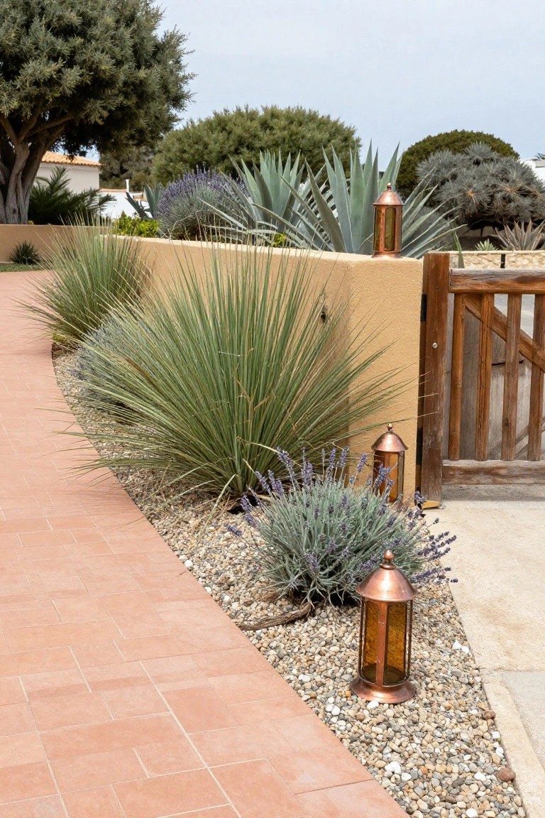 Curving terracotta brick pathway transitioning to gravel mulch, bordered by grasses, agaves, lavender plants, and copper lanterns, leading to a wooden gate next to a beige stucco wall with olive trees and succulents in the background.