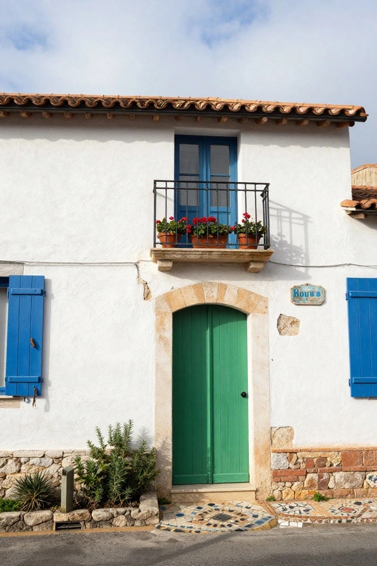 White stucco house exterior with turquoise blue shutters and window, green arched front door, wrought-iron balcony with red geranium pots, stone foundation, and mosaic tiled entry steps on a street.