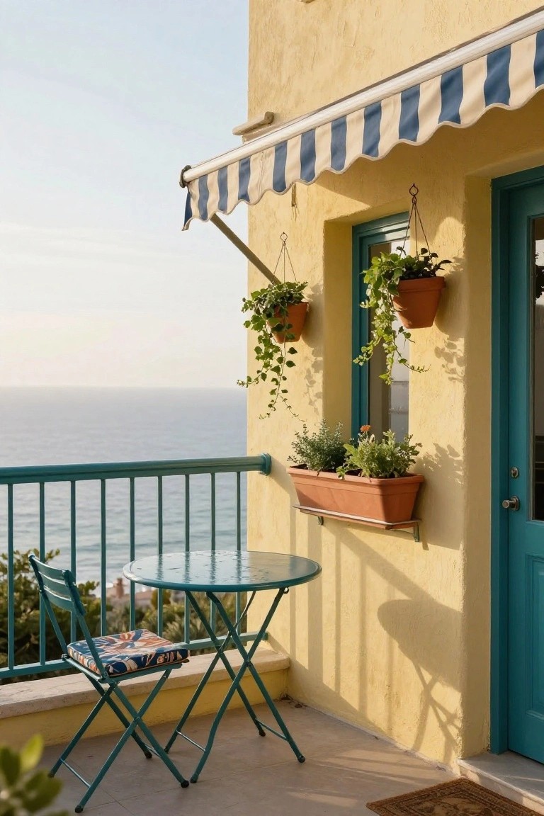 Balcony with teal metal table and chair set against ochre yellow walls, turquoise door and railing, hanging and window box plants in terracotta pots, striped awning overhead, and ocean view beyond green metal balustrade.