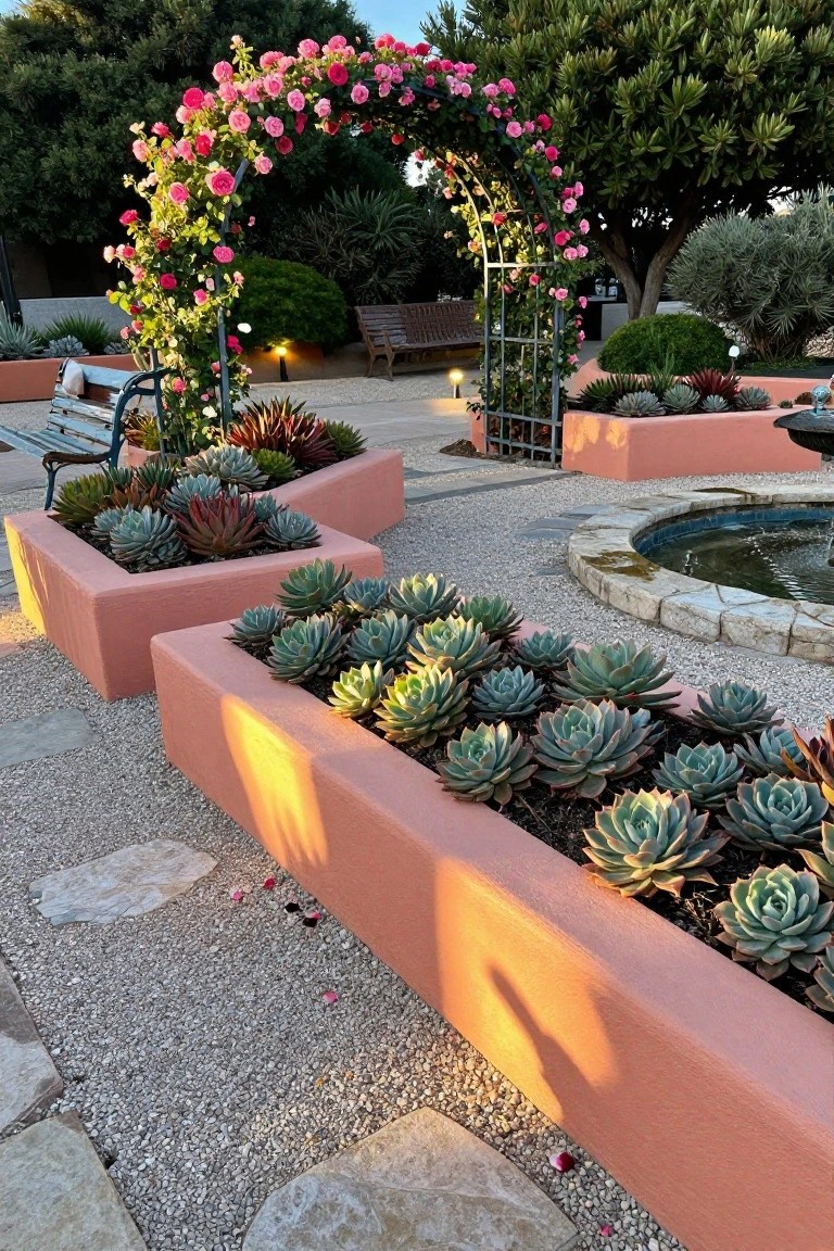 Garden courtyard featuring pink raised rectangular planters filled with clustered succulents, a metal archway covered in pink roses, wooden benches, gravel paths, and a circular stone fountain surrounded by trees and shrubs.