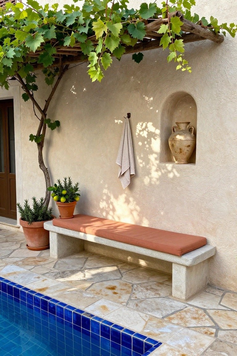 Stone bench with terracotta cushion beside pool under grapevine pergola.